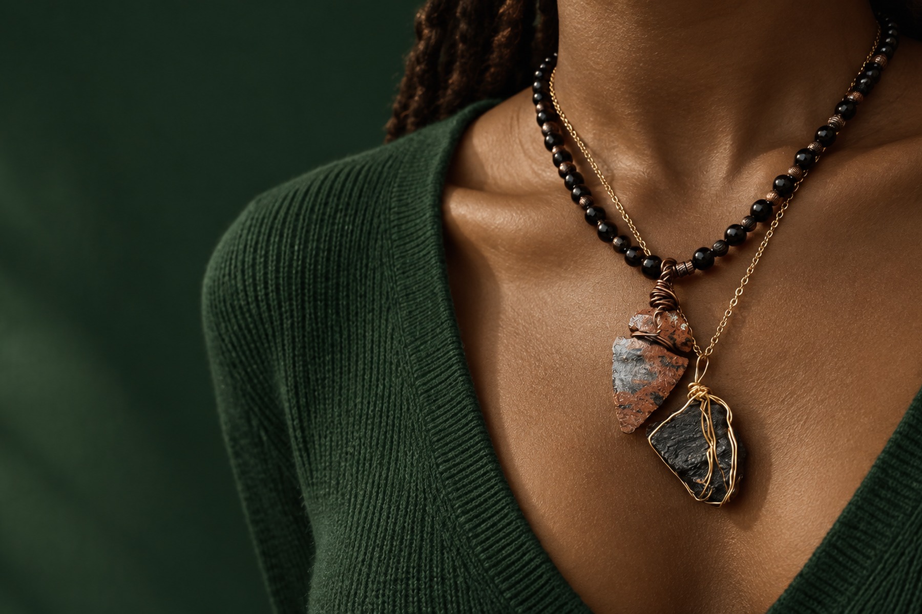 Both necklaces worn layered at the collarbone, the wrapped mahogany obsidian and black tourmaline pendants resting naturally against an open-neckline forest-green knit top.
