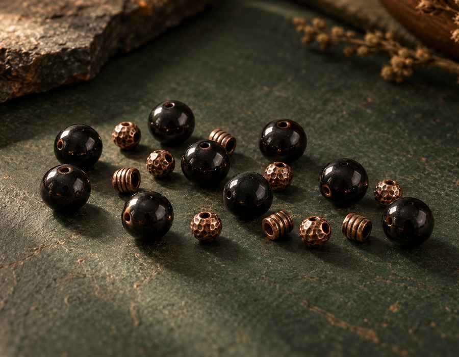 Round black beads next to small copper spacer beads, scattered on green cloth.