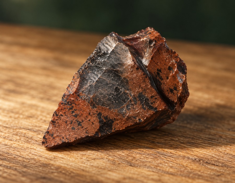 A mahogany obsidian stone fragment showing its natural reddish-brown and gray mottled surface.