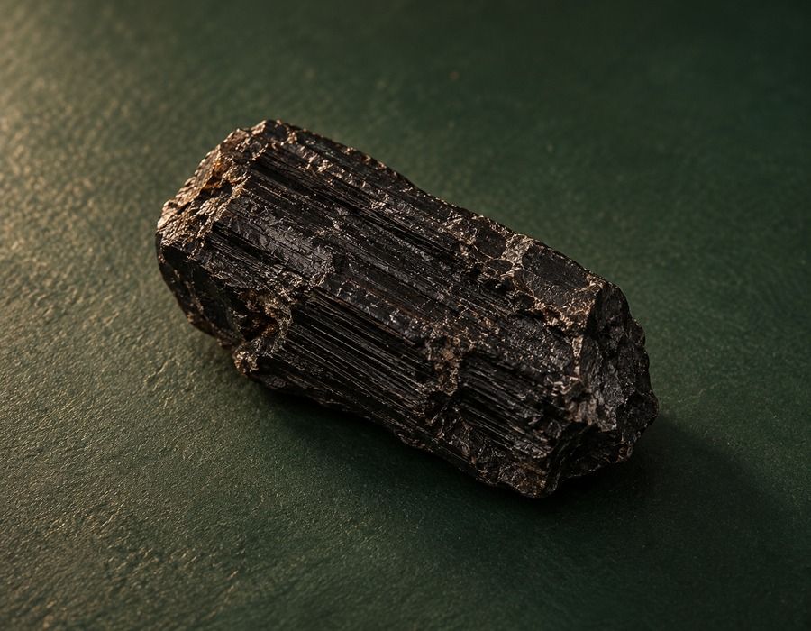 A raw black tourmaline stone with its natural matte, striated surface.