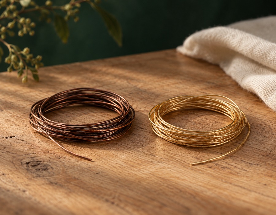 A coil of copper wire beside a coil of gold-tone wire.