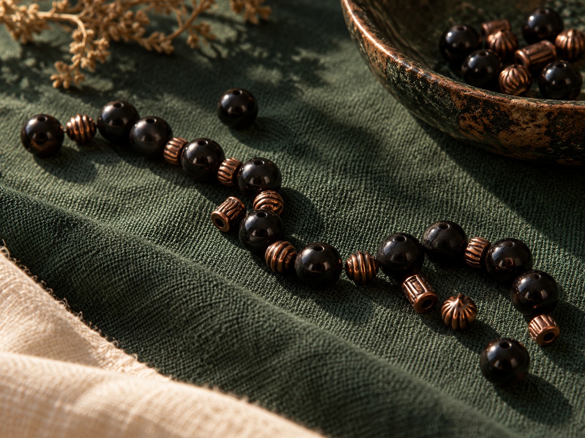 Loose black beads and copper spacer beads scattered on green cloth beside a small ceramic bowl, the same materials used in House of SABEYA's necklaces.